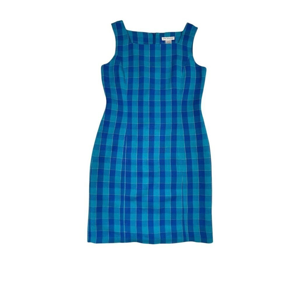 Annie Alexander Blue Plaid Linen Blend Sleeveless Sheath Dress Size 4